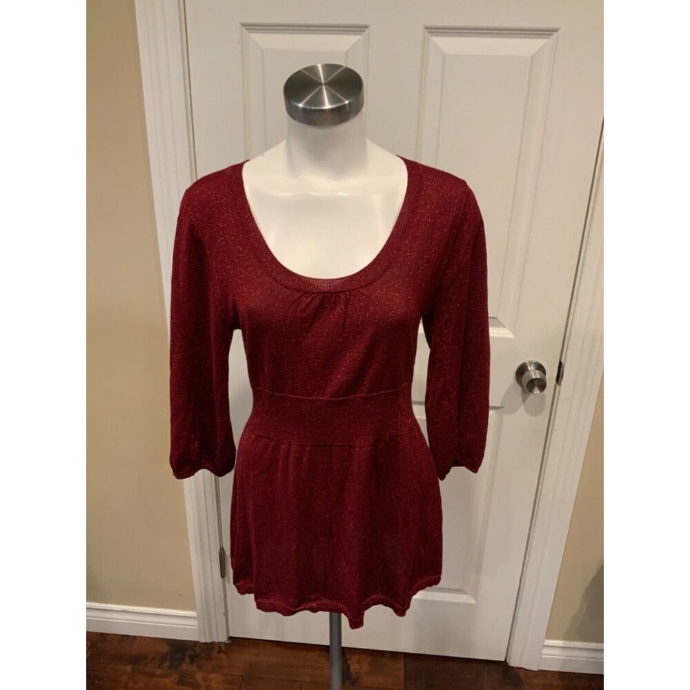 BCBG Max Azria Shimmering Red Scoop Neck Babydoll Sweater,  Size Large